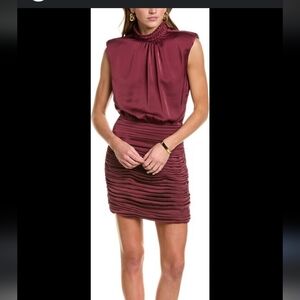 NWT Ramy Brook Burgundy Emersyn High Neck Shirred Bottom Mini Dress Size 4